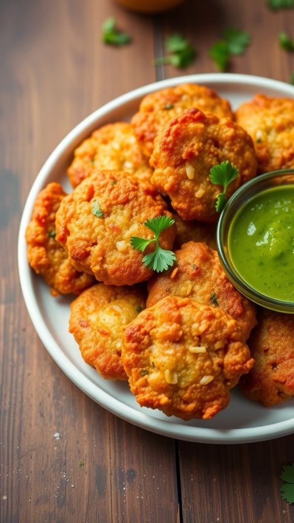 Crispy onion fritters served with green chutney on a rustic wooden table.